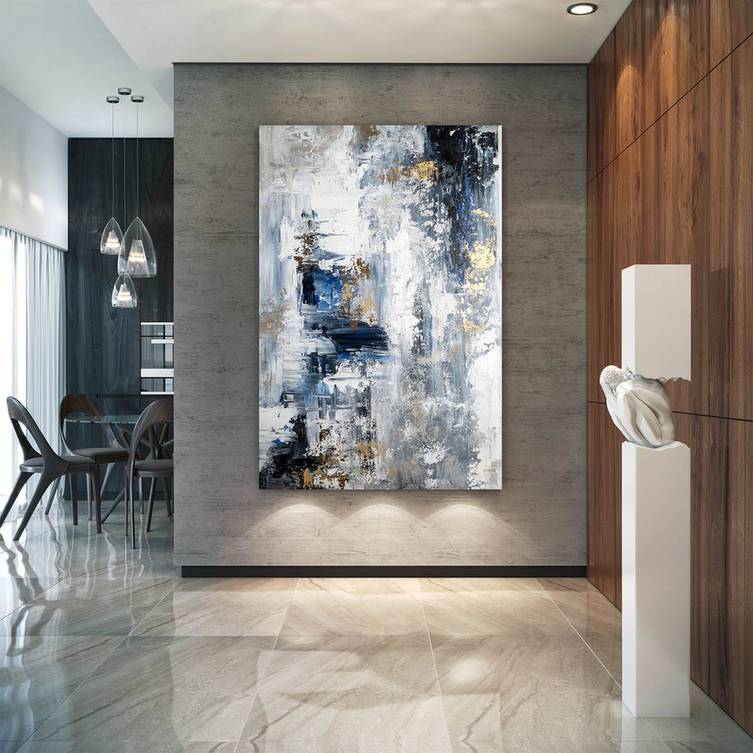 Blue Hand-painted Leaf Modern Abstract Canvas Artwork XE81C